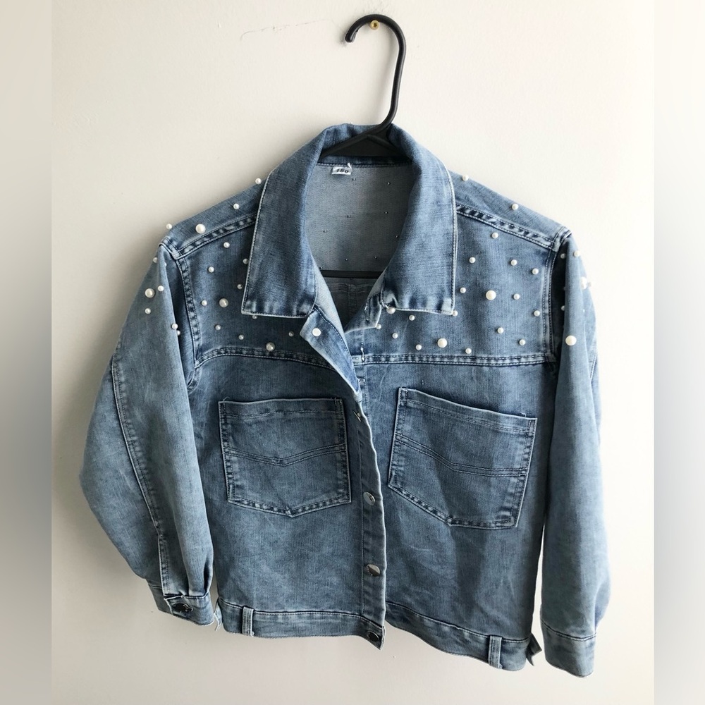 Denim Jean Light Wash Bridal Wedding Jacket With Pearls Women's Small
